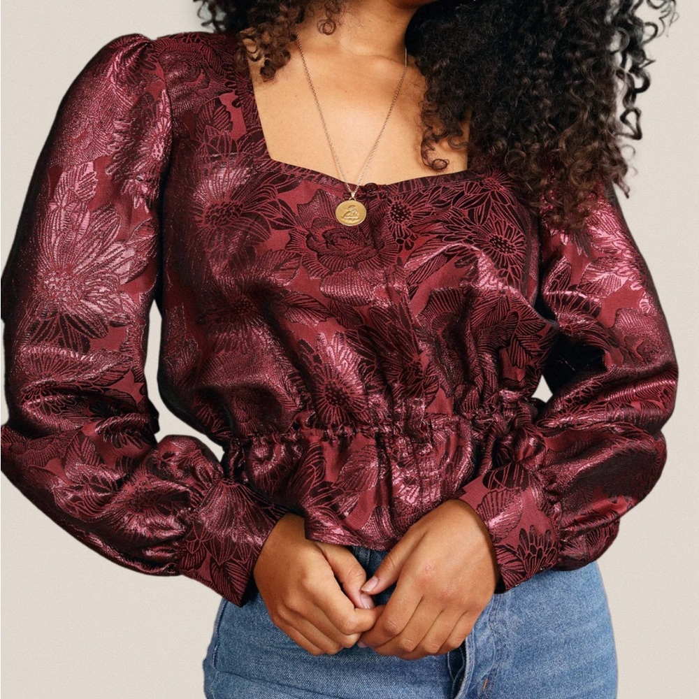 Rouje Red Embellished Puff Sleeve Blouse